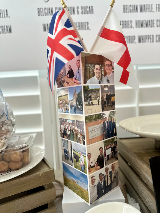 Custom Photo Collage Acrylic Centerpiece – 5” Panels x 16” Tall | Reusable Event Display with Removable Top & Flower Shelf